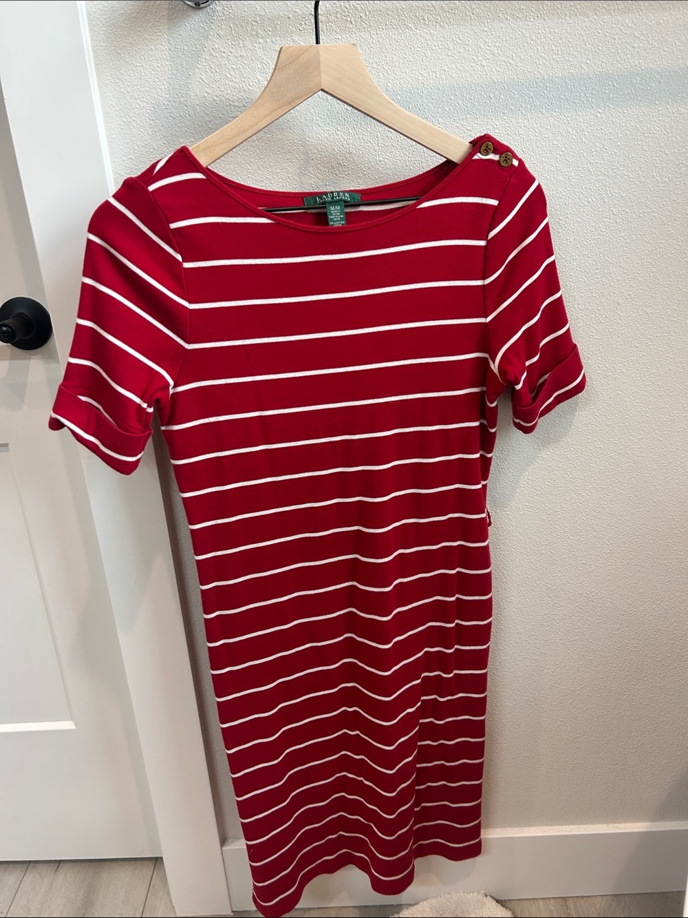 Lauren Ralph Lauren Red & White Striped Midi Dress with Shoulder Buttons